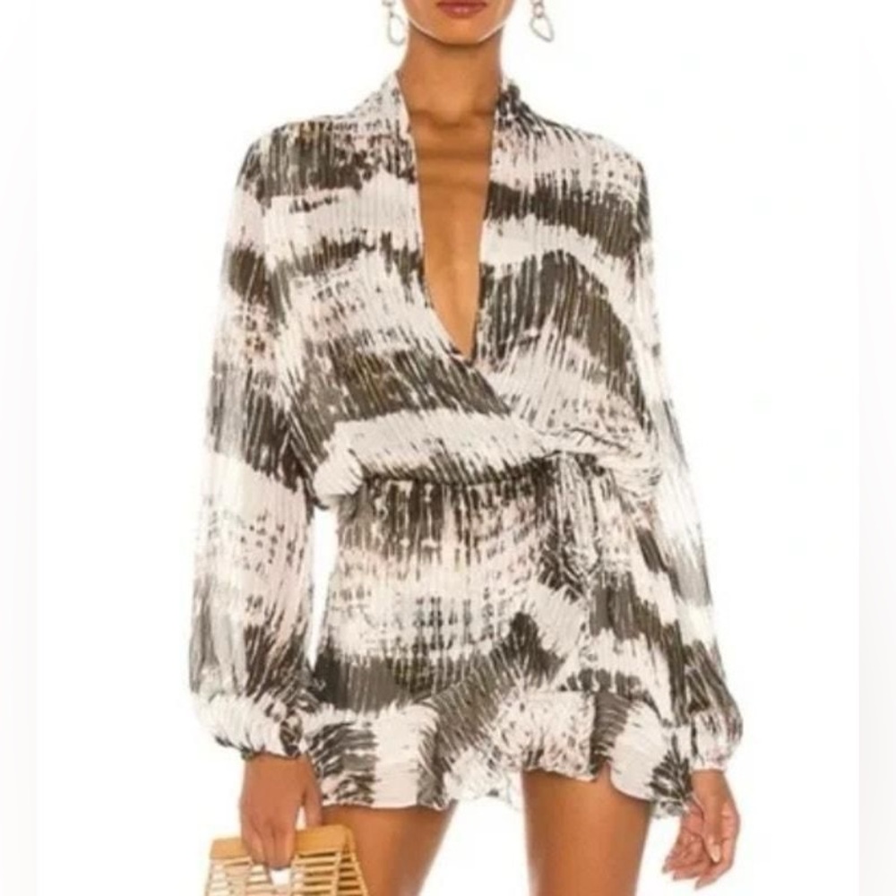 Rococo Sand White and Olive Tie-Waist Long Sleeve Mini Dress